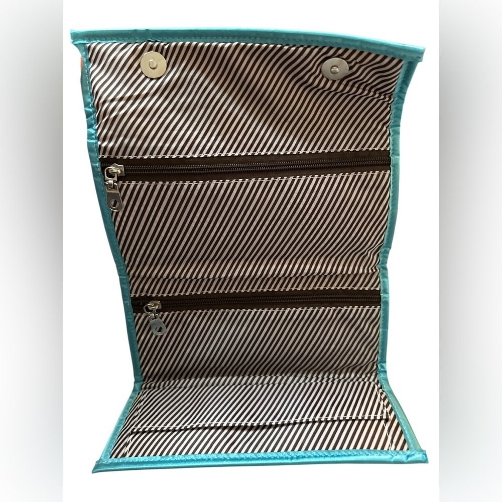 Trina & Co Dark Chocolate Brown W/ Turquoise Trim Trifold Travel Bag